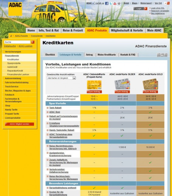 ADAC Kreditkarten im Vergleich (Screenshot www.adac.de/produkte/finanzdienste/kreditkarten/kreditkarten_leistungen.aspx?ComponentId=3881&SourcePageId=5069 am 03.09.2013)