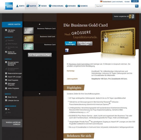 Die American Express Business Gold Kreditkarte wird von AmEx in der Rubrik 'Karten für Mittelständler' beworben (Screenshot www.americanexpress.com/de/content/business-gold-card/ am 21.12.2012)