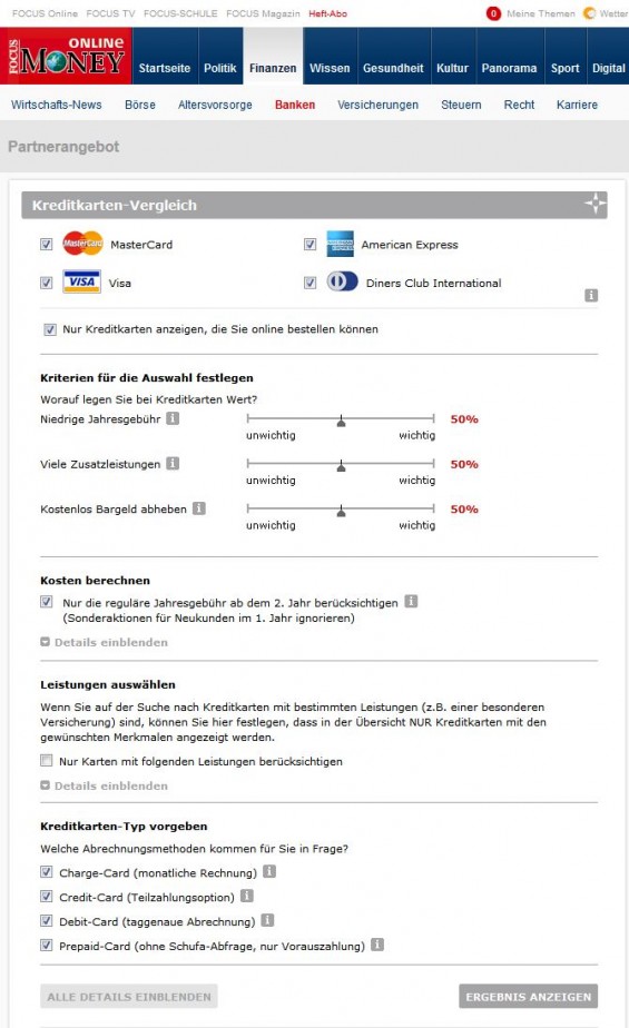 FOCUS MONEY ONLINE Kreditkarten-Vergleich (Screenshot http://kreditkarte.focus.de/fol am 31.01.2013)