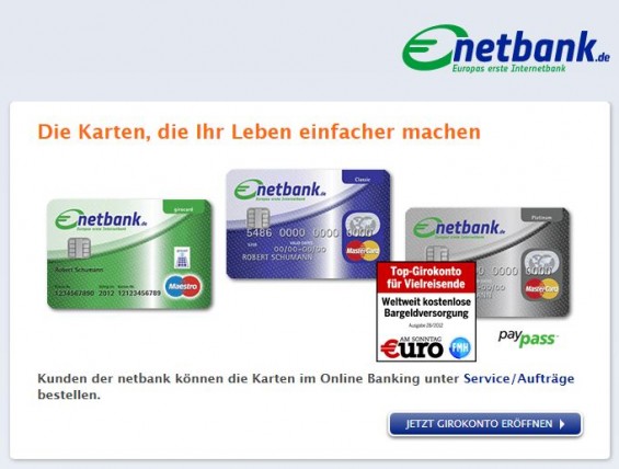 Netbank Kreditkarten: Screenshot von der Website der netbank.de am 07.08.2012