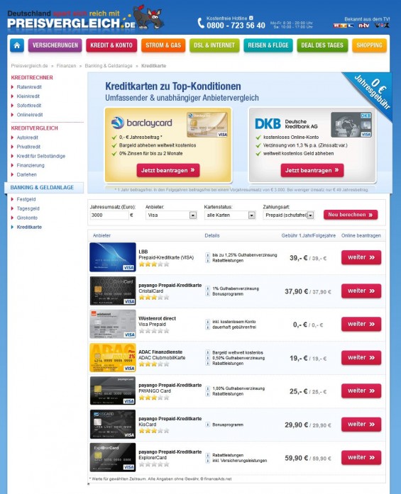 Preisvergleich Kreditkarten: 7 Prepaid VISA-Cards konnten wir auf Preisvergleich im Test ermitteln (Screenshot www.preisvergleich.de/finanzen/kreditkarte am 31.01.2013)