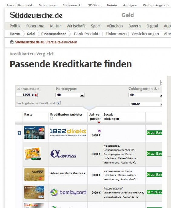 Süddeutsche: Kreditkarte Vergleich (http://biallo.sueddeutsche.de/tz/sueddeutsche2/Kreditkarten/Kreditkartenrechner.php am 31.01.2013)