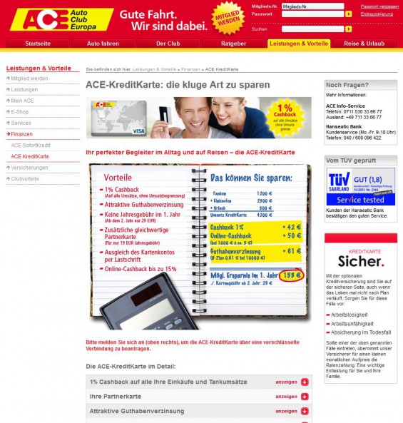 VISA für Mitglieder das Auto Club Europa: die ACE Kreditkarte in Kooperation mit der Hanseatic Bank (Screenshot www.ace-online.de/leistungen-vorteile/finanzen/ace-kreditkarte.html am 18.11.2014)