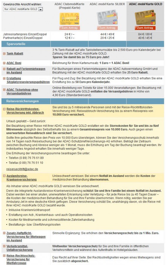 Leistungsumfang der ADAC Kreditkarten bzgl. Reiseversicherung im Vergleich - hier Details zur ADAC mobil Karte GOLD Reise-Rücktrittskosten-Versicherung inkl. Reiseabbruch-Versicherung (Screenshot www.adac.de/produkte/finanzdienste/kreditkarten/kreditkarten_leistungen-mobilgold.aspx am 21.01.2015)