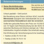 Leistungsumfang der ADAC Kreditkarten bzgl. Reiseversicherung im Vergleich - hier Details zur ADAC mobil Karte GOLD (Screenshot www.adac.de/produkte/finanzdienste/kreditkarten/kreditkarten_leistungen-mobilgold.aspx am 21.01.2015)