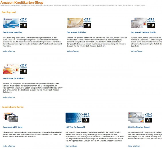 Amazon Kreditkarten: Diverse Kreditkarten zur Auswahl: und in der Regel gibt dazu einen mehr oder weniger großen Amazon-Einkaufsgutschein dazu, wenn man die Kreditkarte via Amazon abschließt (Screenshot amazon.de am 12.10.2014)