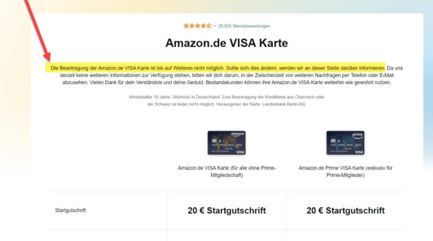 Am 22.11.2022 waren die Amazon Kreditkarten nicht mehr beantragbar. Gründe und Dauer werden nicht genannt. (Screenshot amazon.de/amazon-visa-karte/dp/B00OSAGJTY am 22.11.2022)