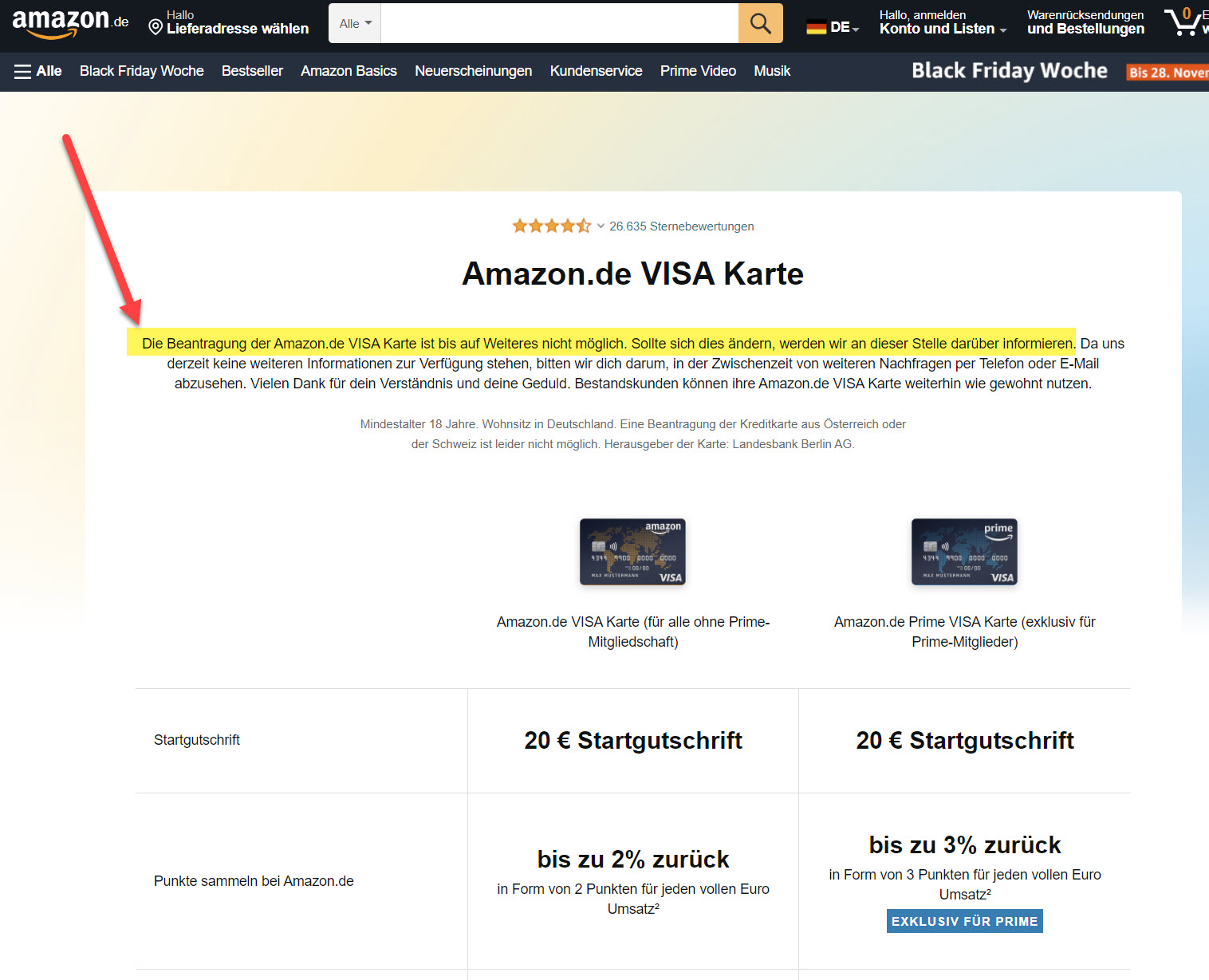 Am 22.11.2022 waren die Amazon Kreditkarten nicht mehr beantragbar. Gründe und Dauer werden nicht genannt. (Screenshot amazon.de/amazon-visa-karte/dp/B00OSAGJTY am 22.11.2022)
