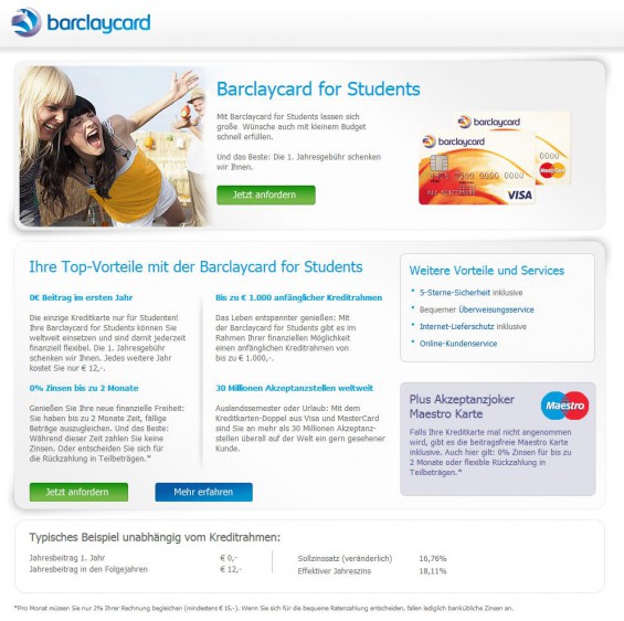 Kreditkarten für Studenten: Barclaycards bietet für Studierende gleich VISA und MasterCard im Doppel