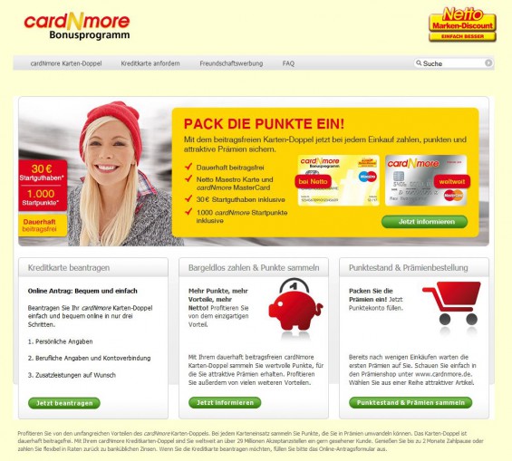 Barclaycard.de: Die Netto-Kreditkarte bzw. das Netto cardNmore Karten-Doppel aus MasterCard und Maestro-Card lässt sich auch direkt bei Barclay beantragen (Screenshot www.barclaycard.de/netto09/ am 18.12.2014)