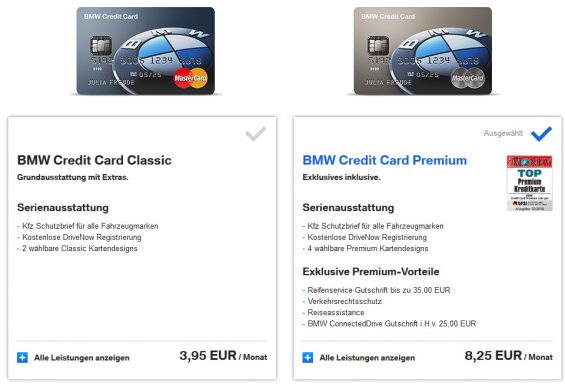 BMW Kreditkarten: MasterCard Classic / Premium (Screenshot der offiziellen Website vom 20.02.2017)
