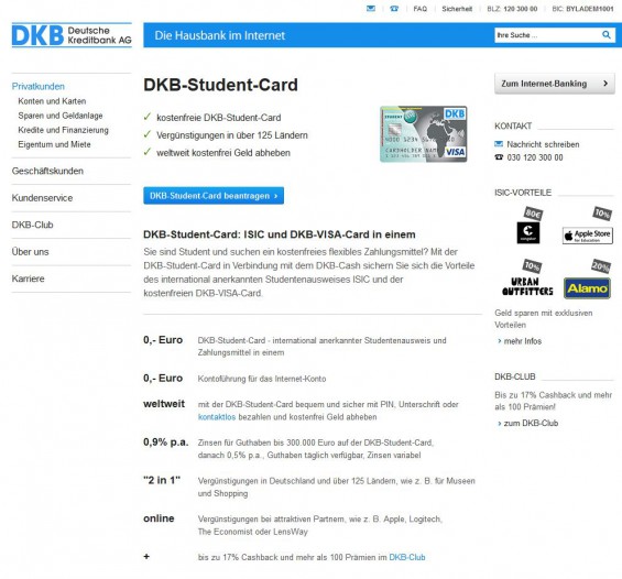 Die kostenfreie DKB-Student-Card (VISA-Kreditkarte mit ISIC-Studentenausweis in einem) - Screenshot www.dkb.de/privatkunden/student_card/ am 21.12.2014