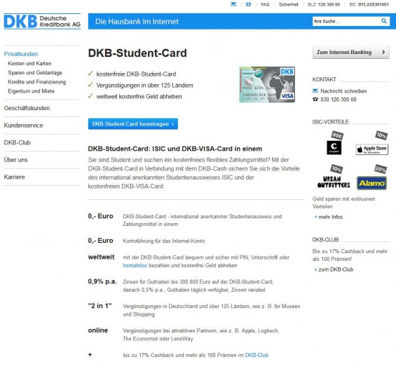 DKB "Student-Card" - eine VISA-Kreditkarte für Studenten inkl. ISIC-Studentenausweis und kostenlosem DKB-Cash Girokonto (Screenshot dkb.de/privatkunden/student_card/ am 22.12.2014)