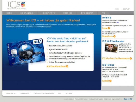 International Card Services / ICS: Der Renner unter den ICS Kreditkarten ist sicher die ICS VISA World Card (Screenshot www.icscards.de am 27.10.2014)