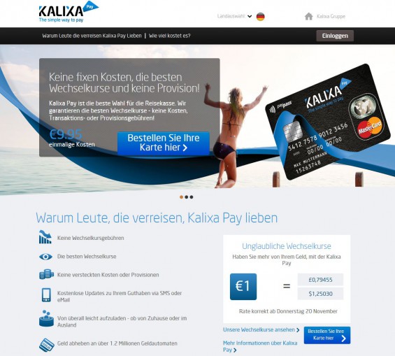 Prepaid-Kreditkarte ohne Auslandseinsatzentgelt? KALIXA PAY MasterCard (Screenshot www.kalixa.com/Pay am 21.11.2014)