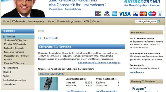 Kartenzahlungsterminals: Um die Zahlung mit EC-Karte und Kreditkarte anbieten zu können, benötigen Händler und Gastronomen sogenannte EC-Terminals. Auswahlmöglichkeiten und Kosten variieren hier jedoch stark. (Screenshot einfachzahlen.de am 26.03.2015)