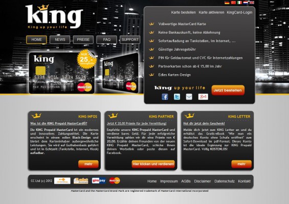 King-Kreditkarte: Die KING Prepaid MasterCard hat uns nicht überzeugt - die Preise scheinen eher königlich... (Screenshot www.kingmastercard.de am 10.11.2014)