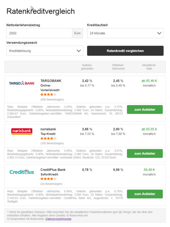 Websites wie krediterio.de ermöglichen den Vergleich von Ratenkrediten für die Umschuldung von Kreditkartenschulden (Screenshot 12.07.2018)