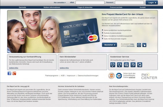 Die "MAJOR CARD" von PAYCENTER eignet sich als Prepaid MasterCard auch für Jugendliche im Teenie-Alter (Screenshot www.majorcard.de am 27.03.2015)