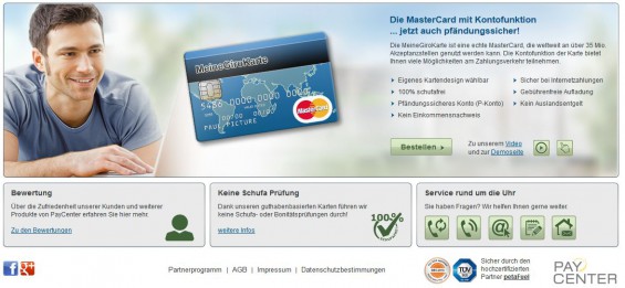 Mit "MeineGiroKarte" bietet PAYCENTER eine Guthaben-basierte MasterCard-Kreditkarte mit Kontofunktion, welches sogar als pfändungssicheres Konto (P-Konto) geführt werden kann (Screenshot www.meinegirokarte.de am 07.11.2014)