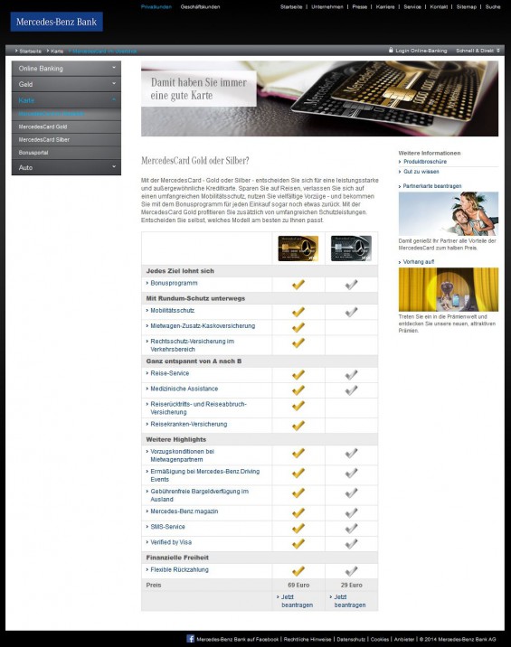 Kartenvergleich von MercedesCard Gold vs. MercedesCard Silber auf der Website der Mercedes Benz Bank
