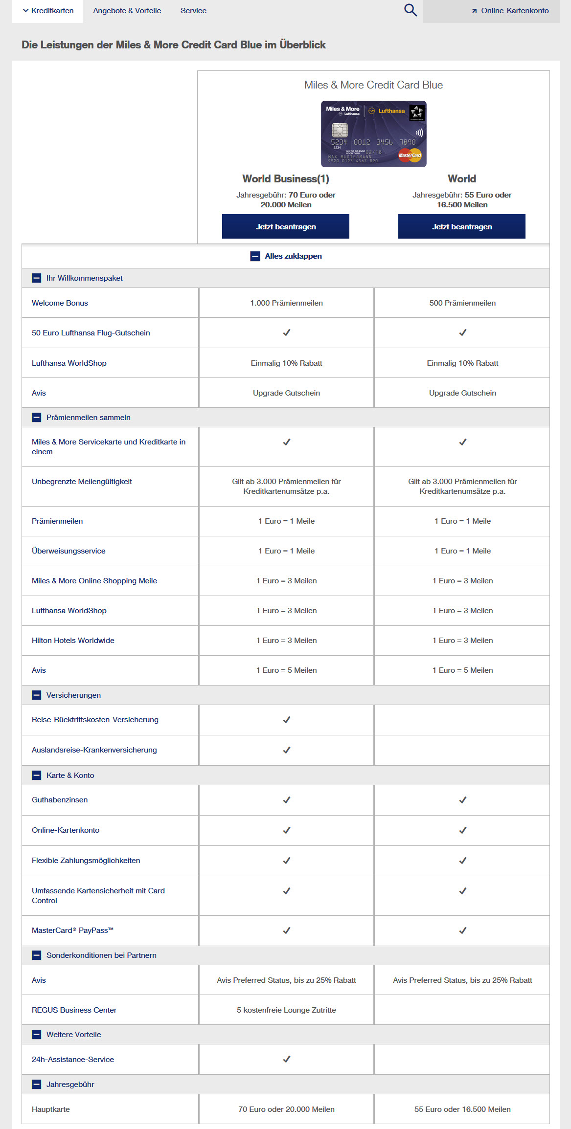 Miles & More Kreditkarte BLUE: "World" vs. "World Business"-Variante im Vergleich (Screenshot www.miles-and-more-kreditkarte.com/kreditkarten/miles-and-more-credit-card-blue/ am 28.12.2014)