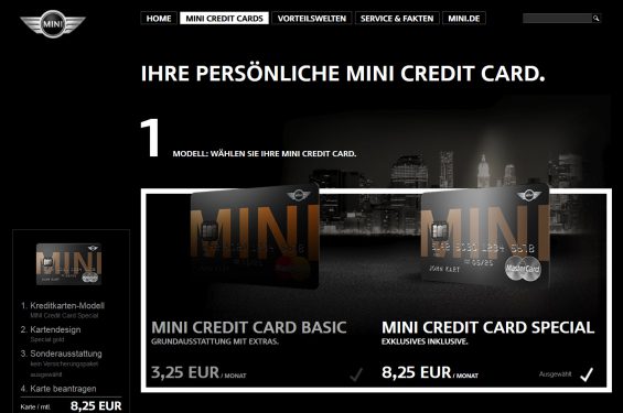 MINI Kreditkarte - doch welche? | MINI CREDIT CARD BASIC vs. MINI MASTERCARD SPECIAL (Screenshot der Produktwebsite am 31.01.2017)