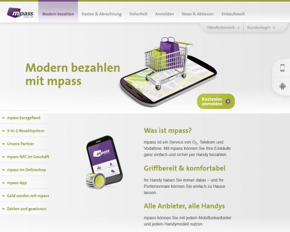 mpass ist ein Bezahldienst, der mit jedem Mobilfunkanbieter und jedem Handymodell nutzbar ist: Offline und online (Website Screenshot mpass.de am 21.10.2014)