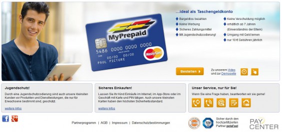 Mit Zustimmung der Eltern kann die MyPrepaid-Guthaben-Kreditkarte für Kinder ab 7 Jahre ausgestellt werden und auch als Taschengeldkonto dienen. (Screenshot myprepaid.de am 05.11.2014)