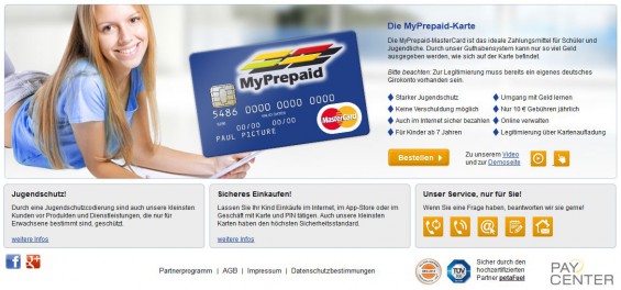 PayCenter vermarketet die MyPrepaid-MasterCard speziell als Kreditkarte für Schüler und Jugendliche (Screenshot www.myprepaid.de am 05.11.2014)