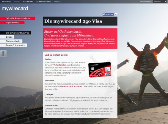 Die mywirecard 2go VISA-Kreditkarte gibt es an vielen Verkaufsstellen wie Tankstellen und Kiosken und lässt sich dann via Handy-SMS oder online aktivieren. (Screenshot www.mywirecard.de/visa.html am 12.10.2014)