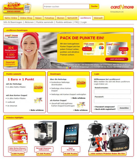 cardNmore: Das Bonusprogramm vom roten Netto Marken-Discount läuft via Smartphone App und das in Verbindung mit Barclaycard herausgegebene Kartendoppel aus MasterCard Kreditkarte und Maestro-/EC-Karte (Screenshot www.netto-online.de/cardNmore/cardNmore_Landingpage.chtm am 18.12.2014)