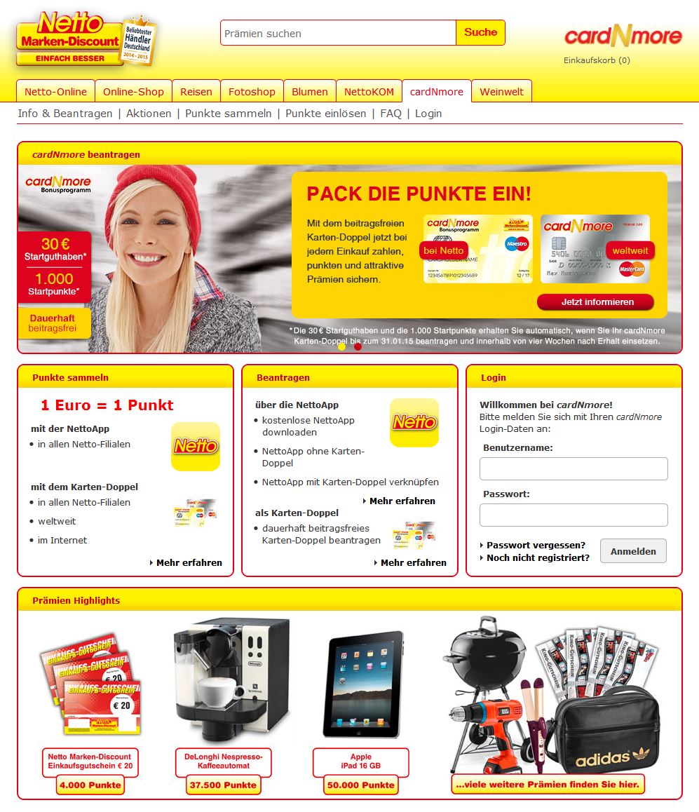 cardNmore: Das Bonusprogramm vom roten Netto Marken-Discount läuft via Smartphone App und das in Verbindung mit Barclaycard herausgegebene Kartendoppel aus MasterCard Kreditkarte und Maestro-/EC-Karte (Screenshot www.netto-online.de/cardNmore/cardNmore_Landingpage.chtm am 18.12.2014)