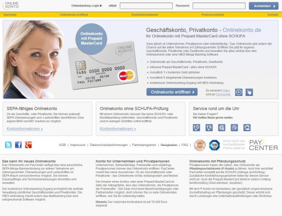 Onlinekonto: Geschäftskonto und/oder Privatkonto mit Prepaid MasterCard ohne SCHUFA (Screenshot www.onlinekonto.de am 05.11.2014)