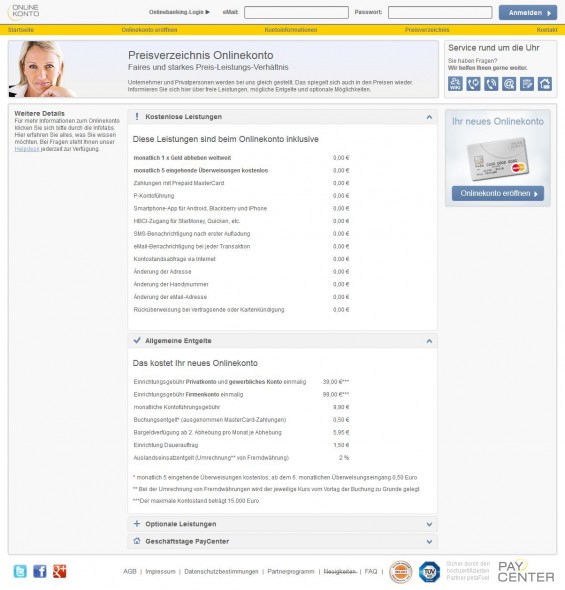 Transparente Preise für das Konto mit Guthabenkreditkarte (Screenshot www.onlinekonto.de/fee/showFeeDefault am 05.11.2014)
