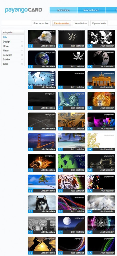 payango VISA-Motivkreditkarte: Für die payangocard stehen eine ganze Reihe von Foto-Motiven zur Auswahl; einige davon kosten als "Premium"-Motiv einen Aufpreis von 5 EUR (Screenshot payangocard.de/categories/premium am 28.12.2014)