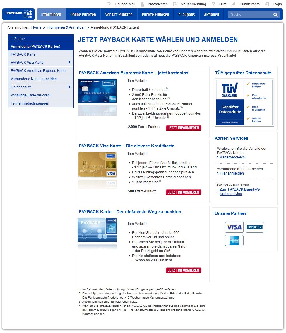 Bonus-Kreditkarten Vergleich: PAYBACK Kreditkarten: PAYBACK American Express und PAYBACK VISA (Screenshot www.payback.de/pb/id/21334/ am 13.11.2014)