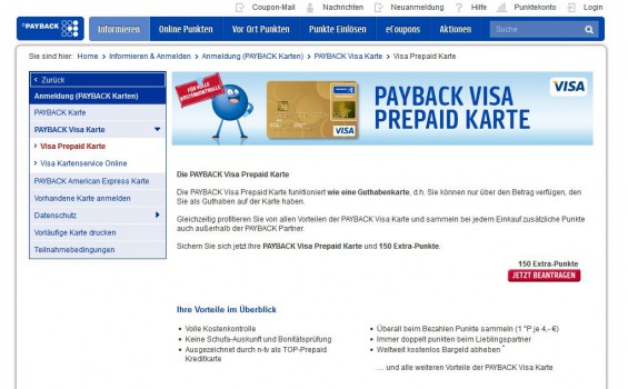 PAYBACK VISA PREPAID KARTE: Guthabenkarte mit Punktesammel-Funktion (Screenshot www.payback.de/pb/id/239210/ am 22.12.2014)