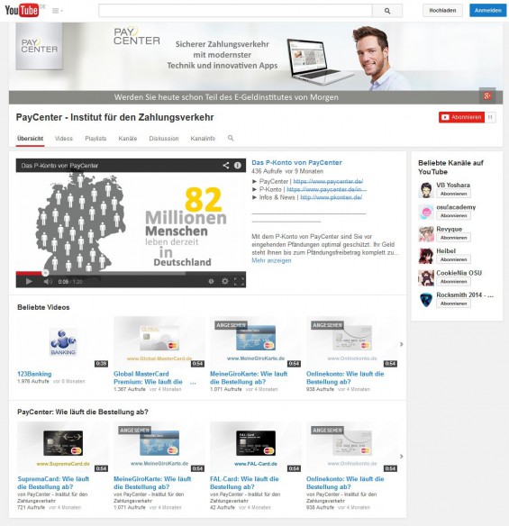 Vorstellung von PayCenter bei Youtube mit diversen Videos zu den einzelnen Kreditkarten- und Konto-Produkten (www.youtube.com/user/paycenterdeutschland)