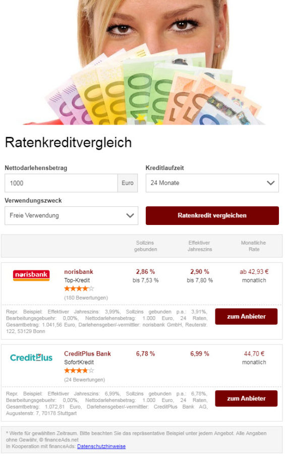 Der Ratenkredit-Kreditvergleich für ein Darlehen in Höhe von 1000 EUR bei kredite-infoportal.de präsentiert bei einer Laufzeit von 24 Monaten die norisbank sowie die CreditPlus Bank als Anbieter (Screenshot http://www.kredite-infoportal.de/#kreditvergleich am 27.09.2018)