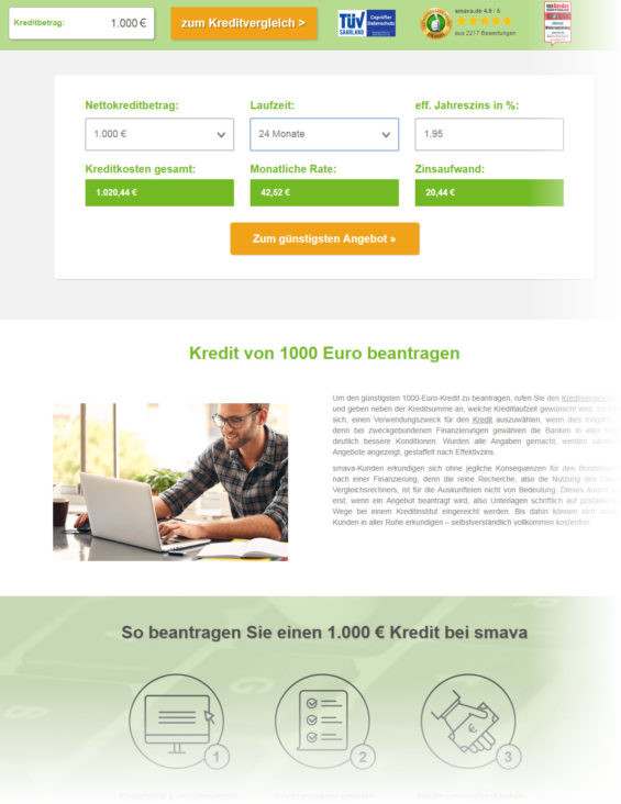 Der Kreditmarktplatz Smava bietet bereits ab 1000 EUR Darlehen (Screenshot https://www.smava.de/kredit/1000-euro-kredit/ am 27.09.2018)