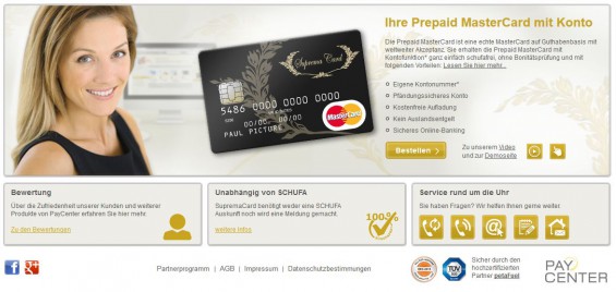 Wirkt recht edel: Die SupremaCard ist eine MasterCard Kreditkarte auf Guthabenbasis mit Kontofunktion, sprich eigener Kontonummer für Zahlungsverkehr (Screenshot supremacard.de am 07.11.2014)