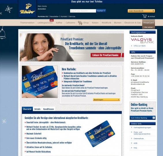 Tchibo PrivatCard Kreditkarte (Screenshot www.tchibo.de/kreditkarte-fuer-privatcard-kunden-bei-tchibo-c400004670.html am 13.11.2014)