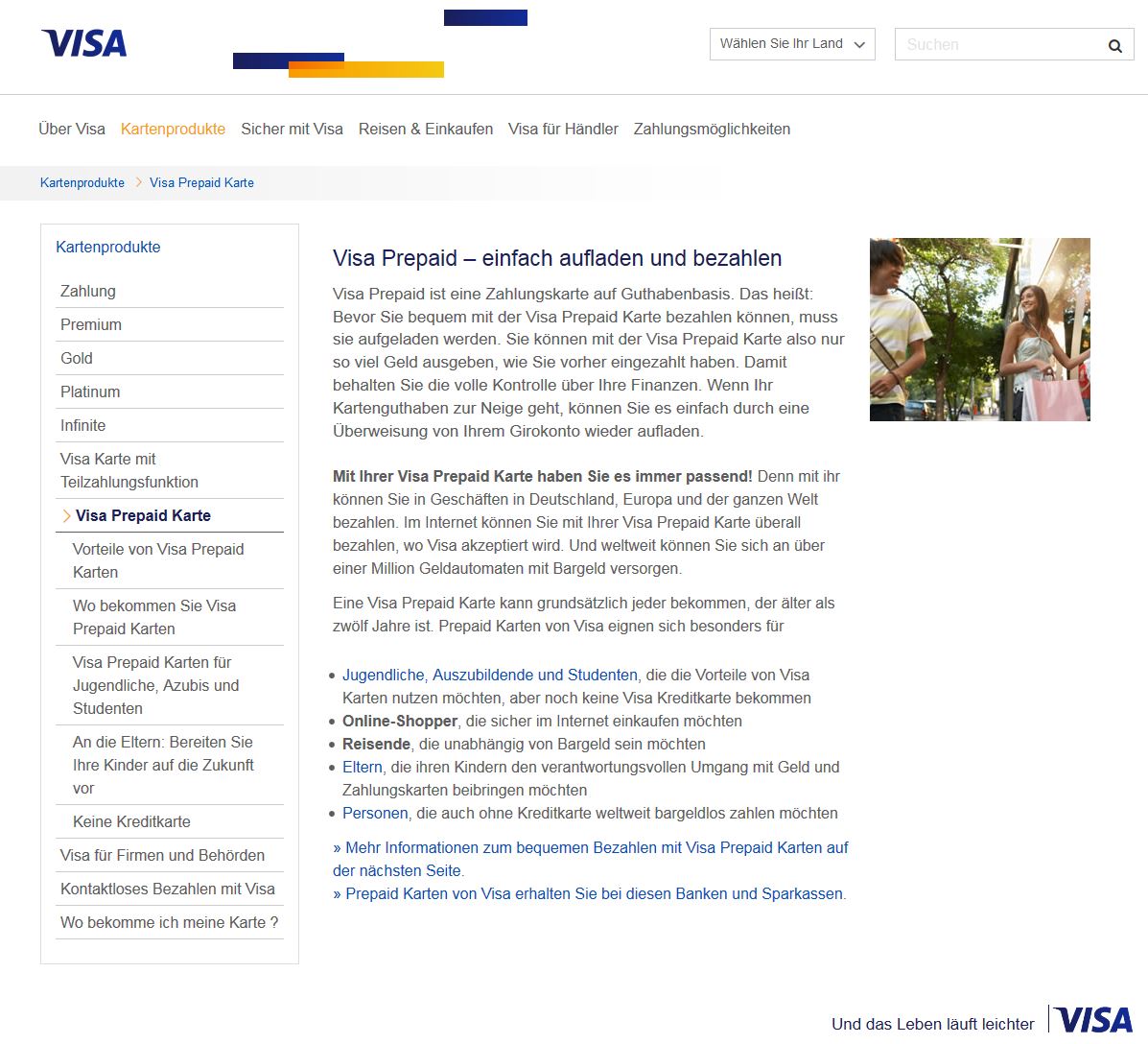 VISA Prepaid - "einfach aufladen und bezahlen" - Infos auf der offiziellen VISA-Website zum Thema Prepaidkarten für Jugendliche, Azubis, Studenten und die Vorteile von von Guthabenkreditkarten (Screenshot www.visa.de/kartenprodukte/visa-prepaid-karte/ am 22.12.2014)
