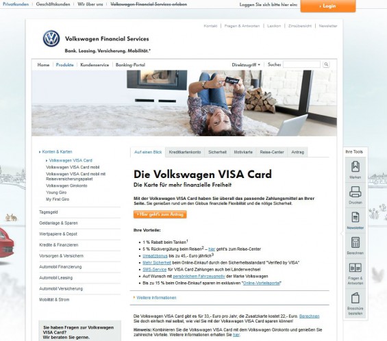 Die Volkswagen VISA Cards - Screenshot der Website www.volkswagenbank.de/de/privatkunden/Produkte/konten_und_karten/volkswagen_visa_card/auf_einen_blick.html am 11.10.2014