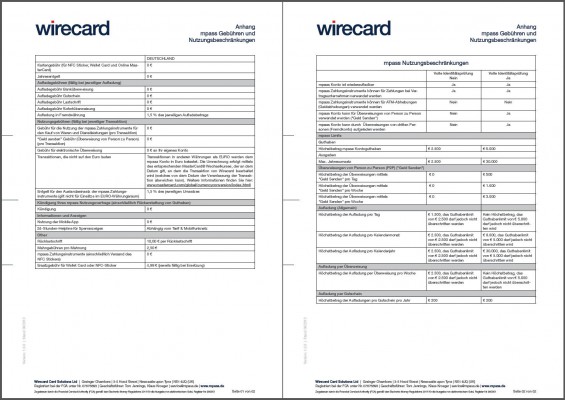 Preisliste und Nutzungsbedingungen von mpass findet man in einem PDF bei Herausgeber 'Wirecard' unter https://mpass.wirecard.com/mpass-signup/pdf/mpass_Gebuehren_Hinweise_Nutzung.pdf